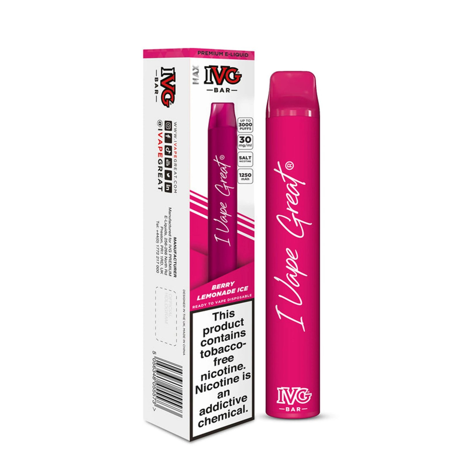IVGBARDISPOSABLEBERRYLEMONADEICE3000PUFF30mg.jpg IVG BAR DISPOSABLE BERRY LEMONADE ICE 3000 PUFF 30mg - Image 1