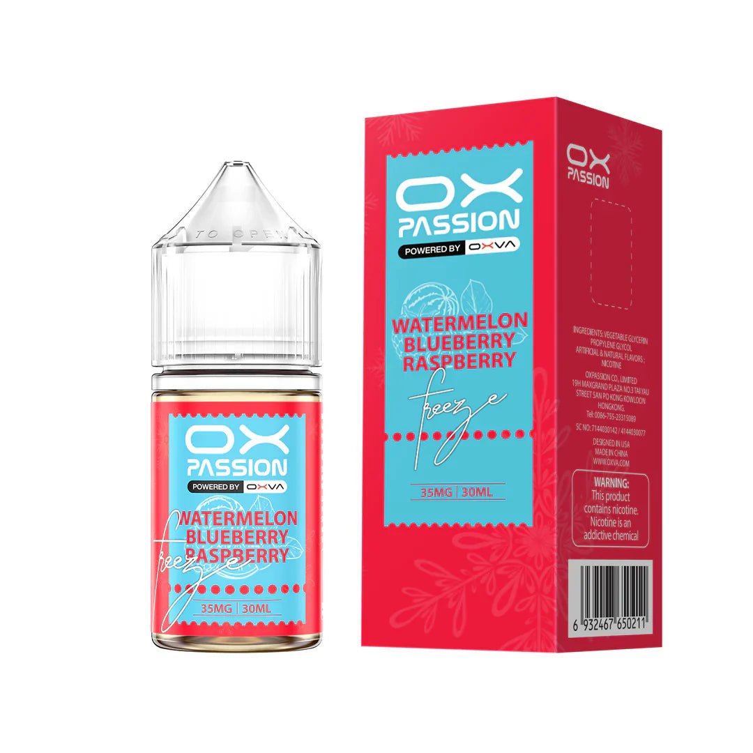 OXVAOXPASSIONWATERMELONBLUEBERRYRASPBERRYFREEZEICESALTNIC30ML35MG.jpg OXVA OX PASSION WATERMELON BLUEBERRY RASPBERRY FREEZE ICE SALTNIC 30ML - Image 1